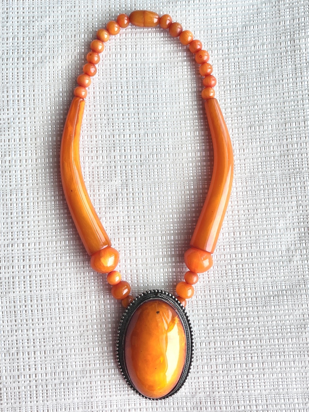 Vintage Amber-Color Resin Pendant Necklace Statement Chunky Himalayan Tibetan
